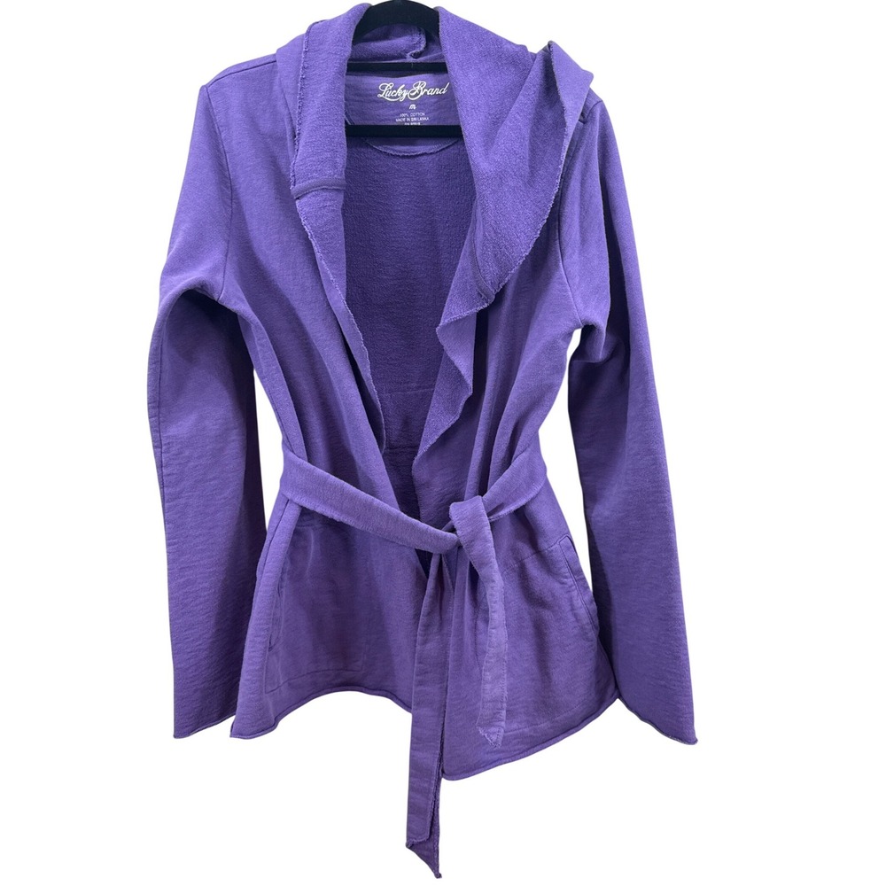 Lucky Brand Womens Purple Cotton French Terry Hooded Wrap Cardigan Sweater M